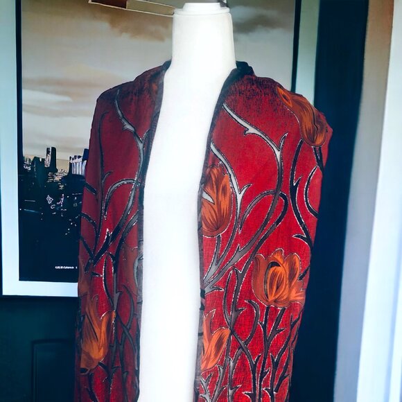 Vintage Large Floral Red Black Silver Burn Out Scarf Shawl Wrap w Fringe - Picture 5 of 5